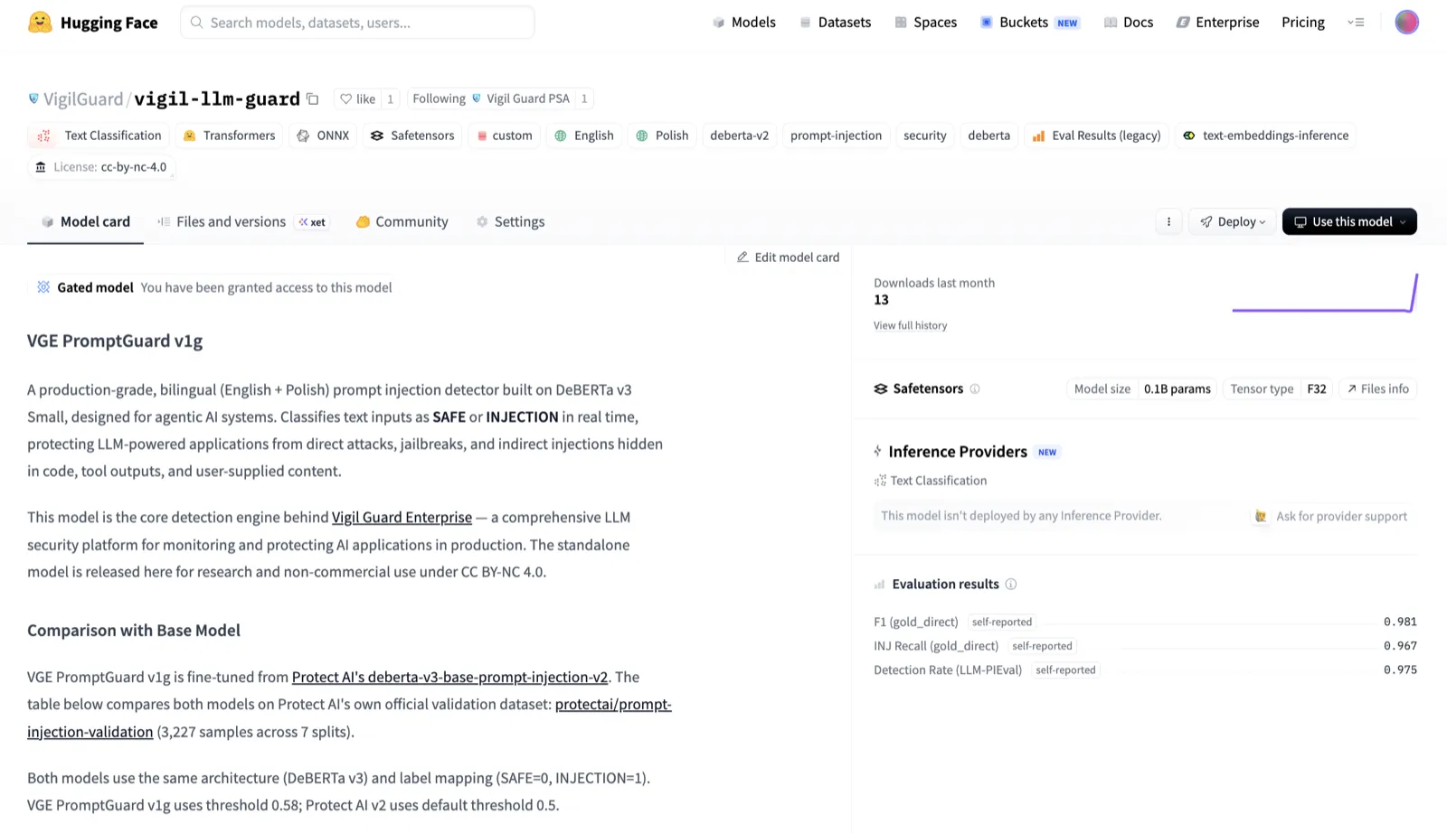 Karta modelu VGE PromptGuard v1g na Hugging Face z wynikami ewaluacji i szczegółami modelu