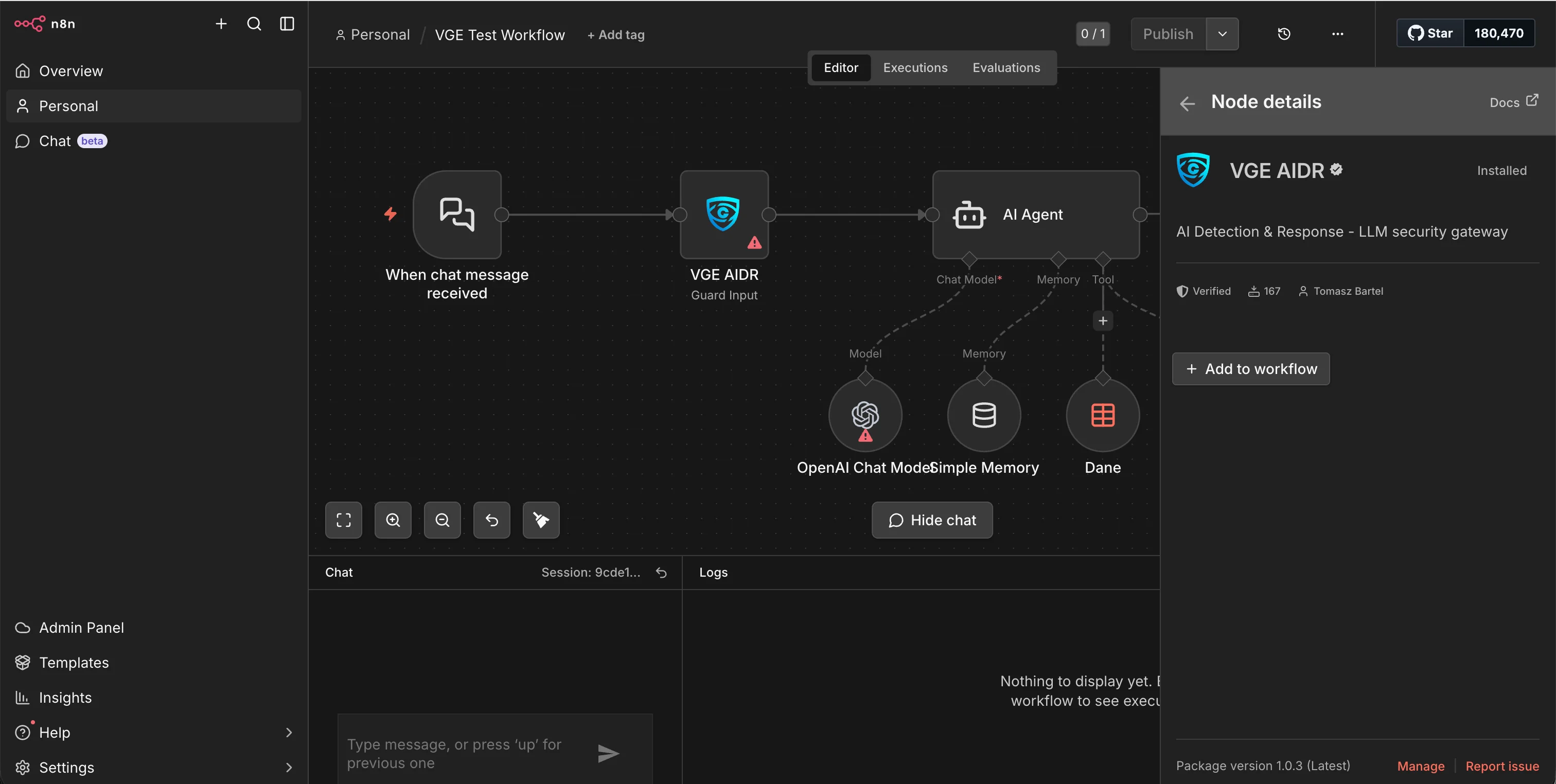 Workflow n8n z węzłami Vigil Guard chroniącymi wejście i wyjście agenta AI