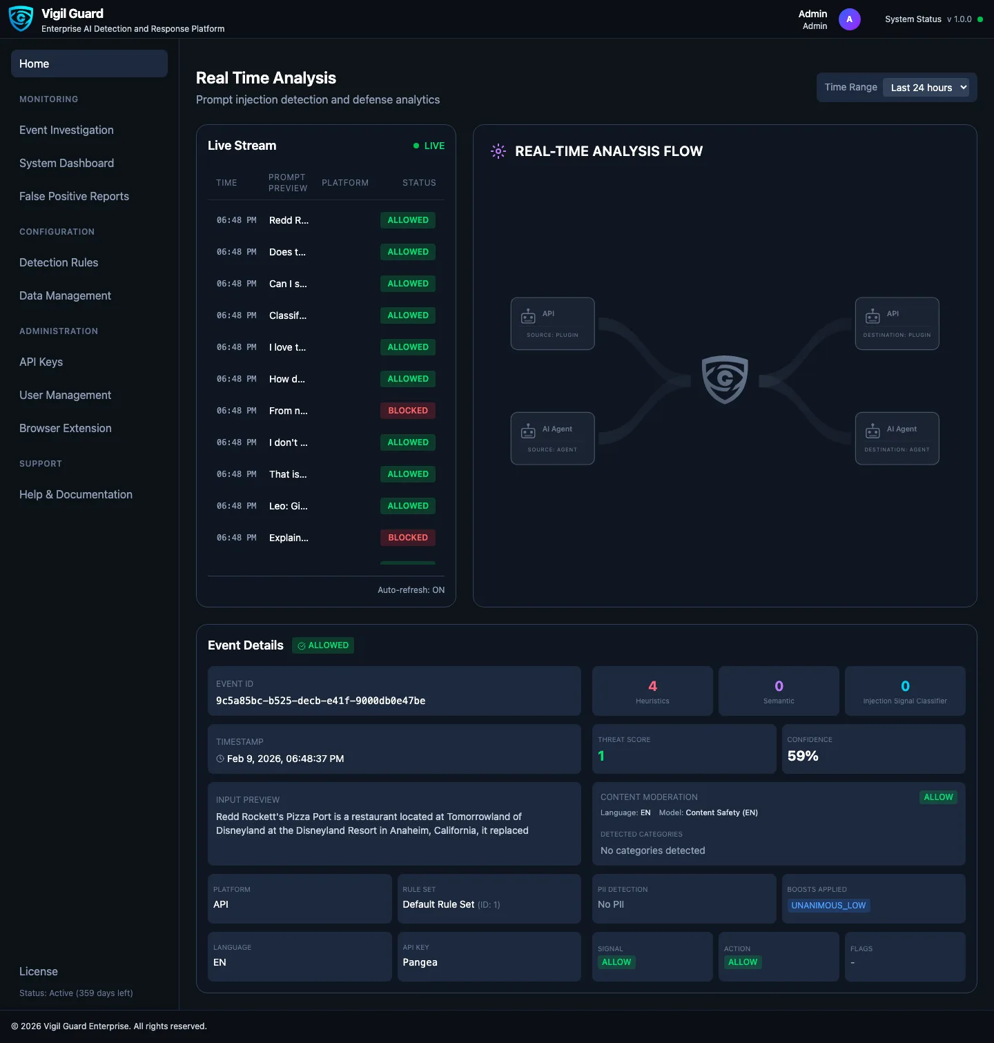 Vigil Guard AIDR dashboard showing real-time prompt injection detection stream